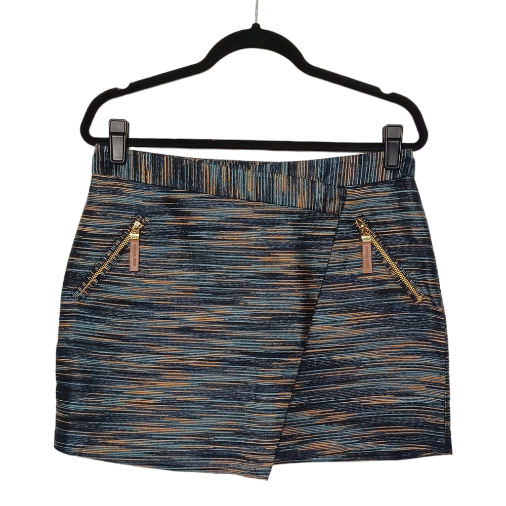 MICHAEL MICHAEL KORS Blue Brown Stripe Print Asymmetrical Wrap Mini Skirt 4 S